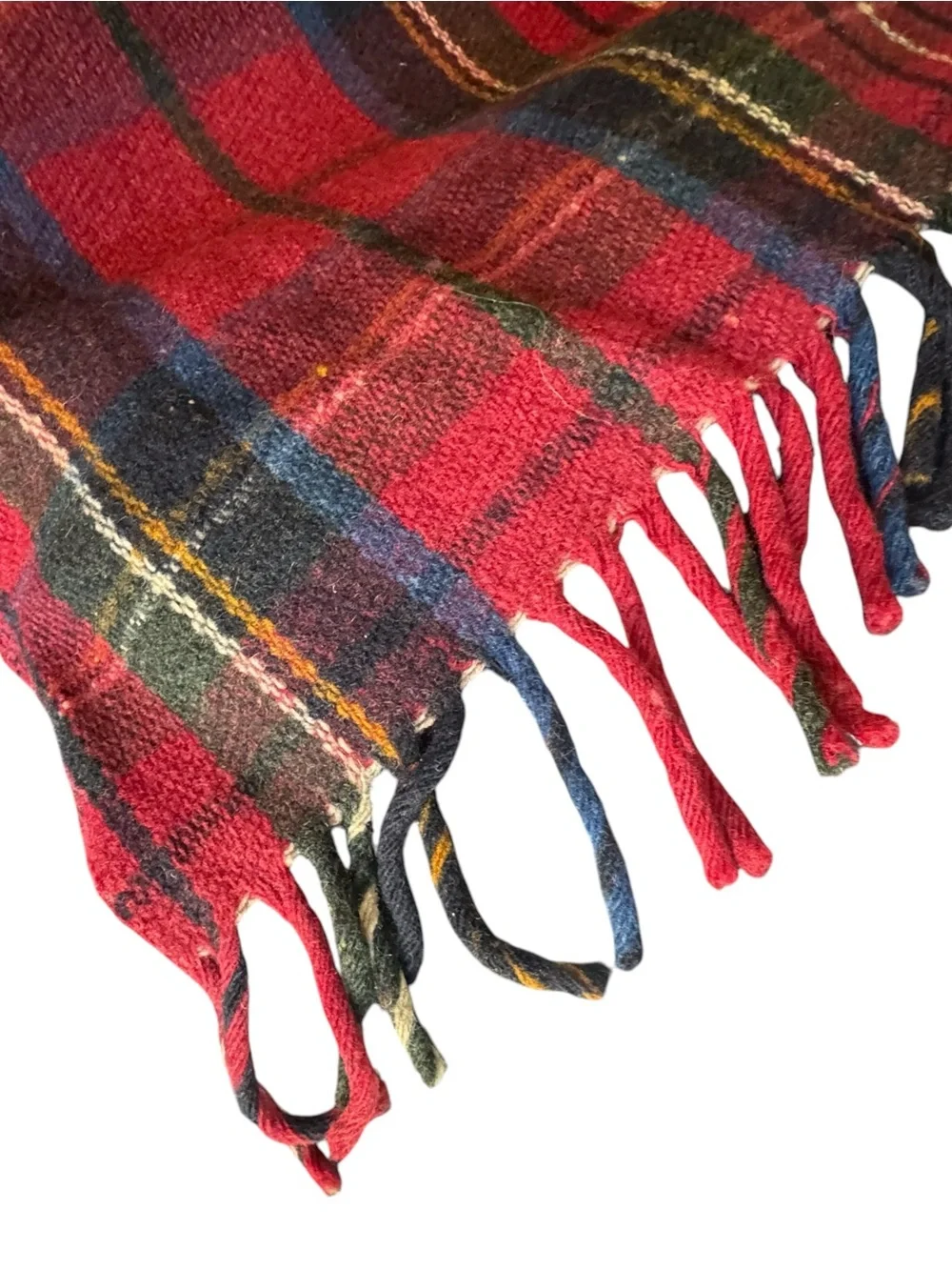 Vintage Unbranded Wool Plaid Tartan Blanket in Red/Blue/Green Plaid w Fringe